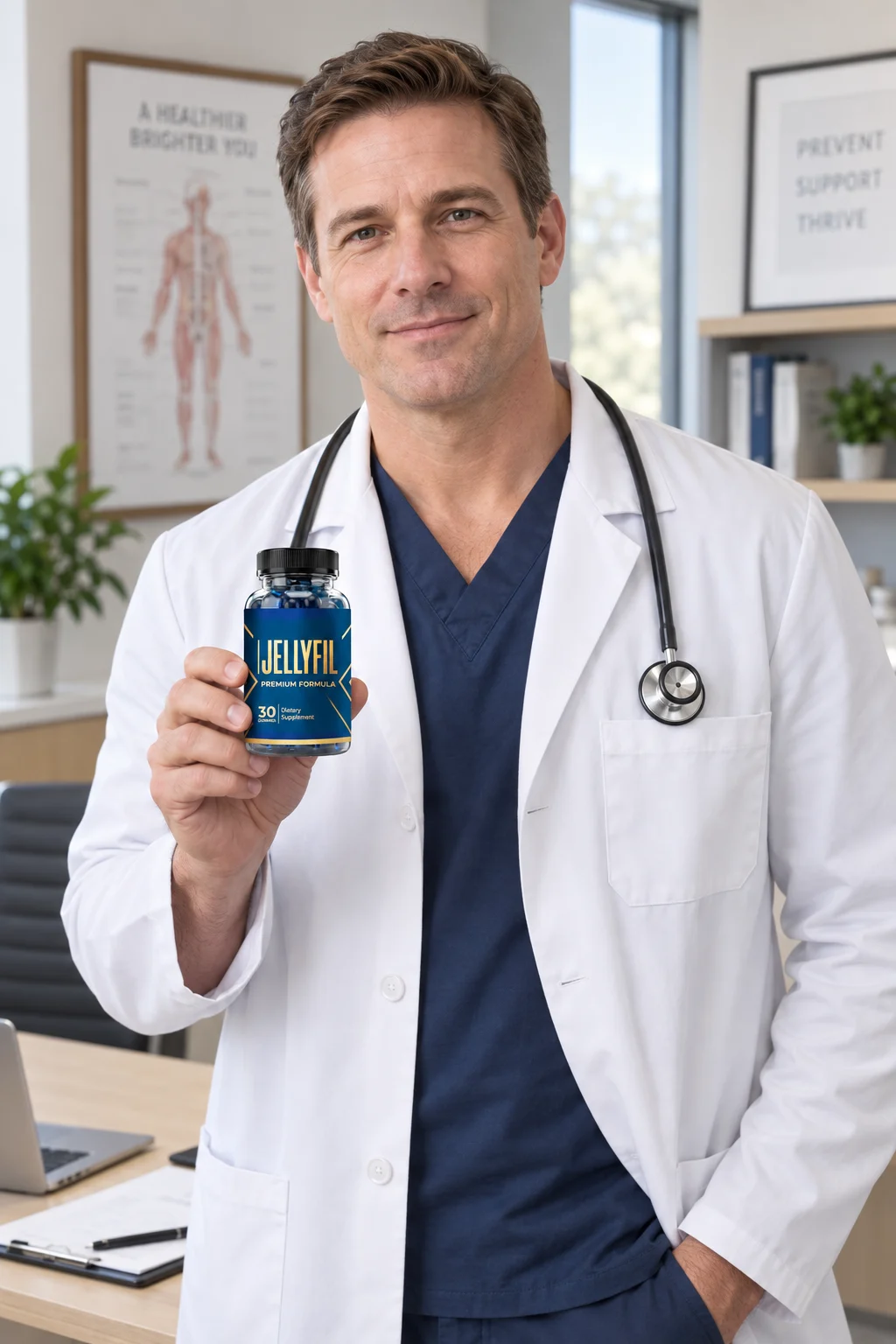 Physician holding JellyFil®, a natural men's health gummy formulated with clinically studied ingredients